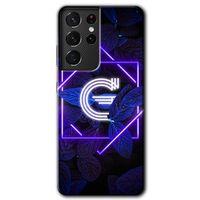 MRCİLETİSİM Samsung Galaxy S21 Ultra Kılıf HD Desen Baskılı Arka Kapak + Temperli Cam - Dark Neon Yaprak G Harfi