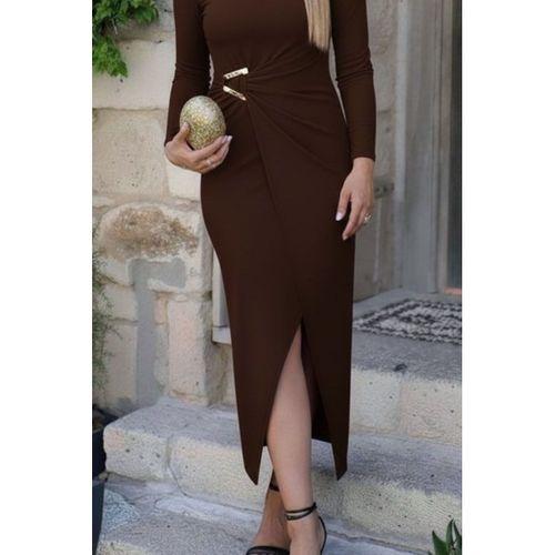 Kadın Uzun Kollu önden çapraz Detaylı Yandan Toka Detaylı Uzun Sandy Elbise