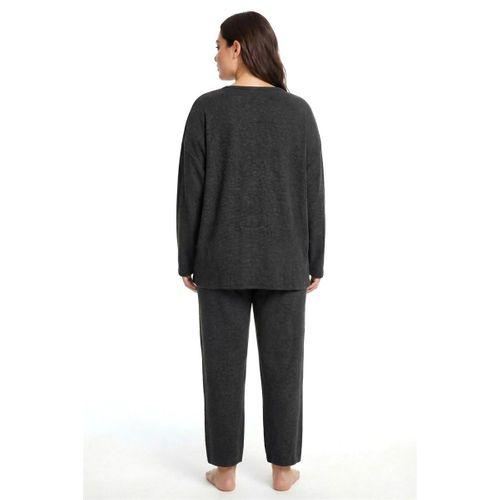 Büyük Beden Şerit Detaylı Kalın Uzun Kollu Kadın Pijama Takımı Antrasit