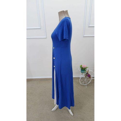 Kadın Kısa Kollu Asimetrik Yakalı Düğme Detaylı Midi Viskon Elbise