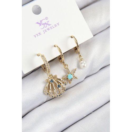 Pirinç Zirkon Taşlı 3'lü İstiridye Ve Yıldız Model Gold Renk Kadın Küpe