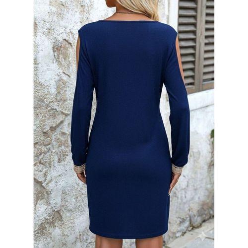 Kadın Uzun Kollu Omuzdan Açık V Dantel Yakalı Mini Waffle Elbise