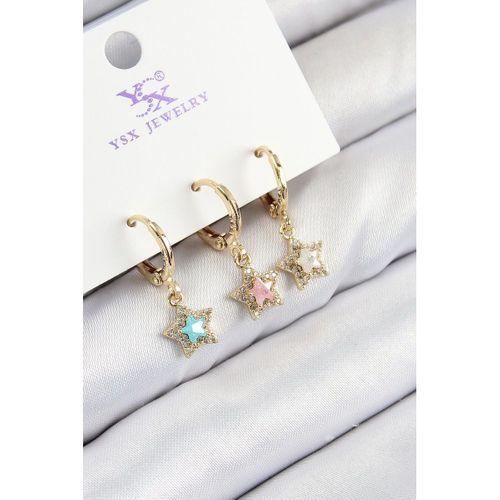 Pirinç Zirkon Taşlı 3'lü Renkli Yıldız Model Gold Renk Kadın Küpe