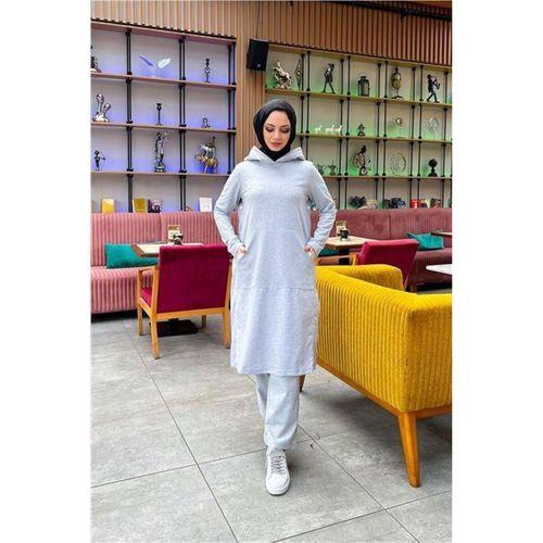 Kapşonlu Yandat Çıtçıtlı Sade Basic Uzun Tunik ve Pantolon İkili Spor Takım - 03071.008 - Gri