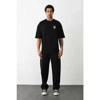 Unisex Bisiklet Yaka Baskılı Oversize T-Shirt - Siyah