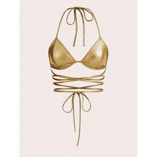 Altın Sarısı Deri Görünümlü Çapraz İpli Bikini Üstü – Bağlamalı, Seksi Ve Parlak