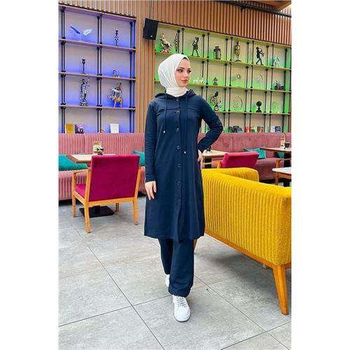 Kapşonlu Düğmeli Sade Basic Uzun Tunik ve Pantolon İkili Spor Takım - 03072.015 - Lacivert