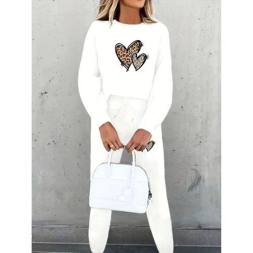 Kadın Uzun Kollu Bisiklet Yaka Kalp Desenli şardonlu üç Iplik Bluz Ve Pantolon Ikili Takım