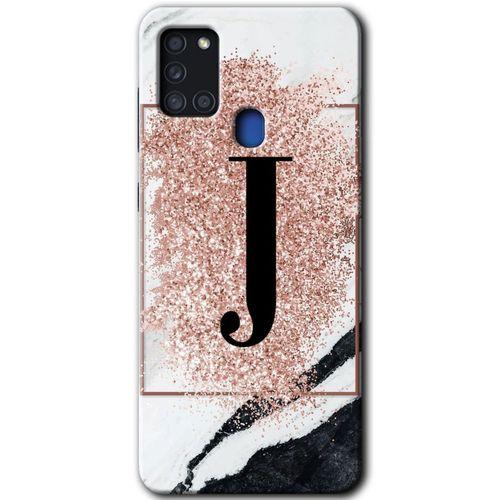 MRCİLETİSİM Samsung Galaxy A21s Kılıf Baskılı Kapak - Pembe Mermer Desenli J Harfi +Tam Kaplayan Mat Seramik