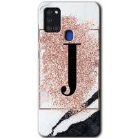 MRCİLETİSİM Samsung Galaxy A21s Kılıf Baskılı Kapak - Pembe Mermer Desenli J Harfi +Tam Kaplayan Mat Seramik