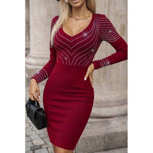 Kadın Uzun Kollu V Yakalı Taşlı Mini Ithal Krep Elbise