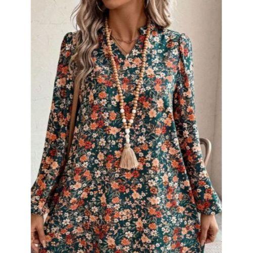 Kadın Uzun Kollu V Yakalı Desenli Modal Mini Elbise