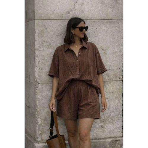 Kadın Kısa Kollu çizgili Modal Kumaş Gömlek Ve Yüksek Bel Lastik Detay şort Ikili Takım