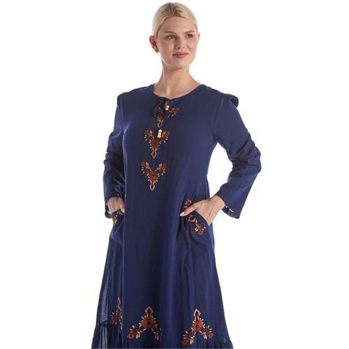 Uzun Kol Lacivert Nakış Detaylı Bağcık Yaka Cepli Vual Uzun Elbise