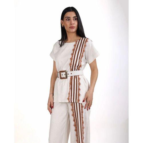 Trend Kadın Krem Keten Dokulu Bol Paça Pantolon ve Kısa Kollu Bluz Takımı