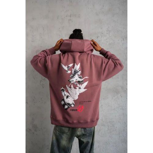 Erkek Şapkalı Güvercin Baskılı Kapşonlu Sweat - Gül Kurusu