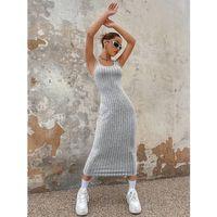 Kadın Kalın Askılı Kare Yaka Fitilli Kaşkorse Midi Boy Elbise