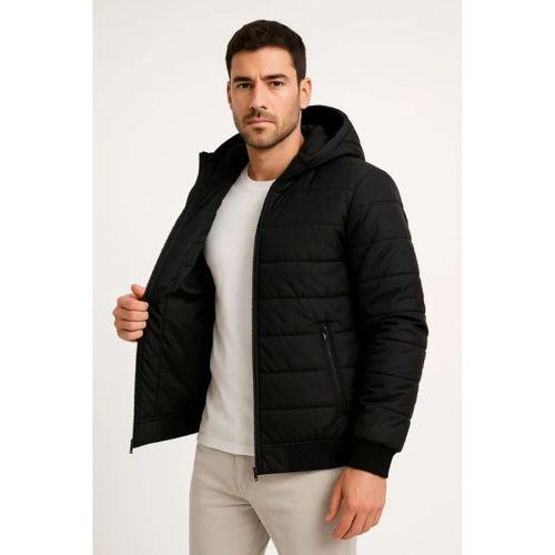 Erkek Şişme Kapüşonlu Fermuarlı Mont Su Itici Kapitone Astarlı Kumaş Cepli Kışlık Rahat Kalıp - Siyah