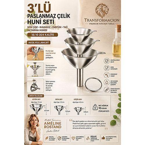 3lü Çelik Huni Seti Mini Şişe Kavanoz Parfüm Yağ Aktarma Hunisi Paslanmaz 18/10 304 Kalite 723450