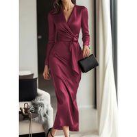 Kadın Uzun Kollu Kruvaze Yakalı Beli Kuşaklı Uzun Saten Elbise