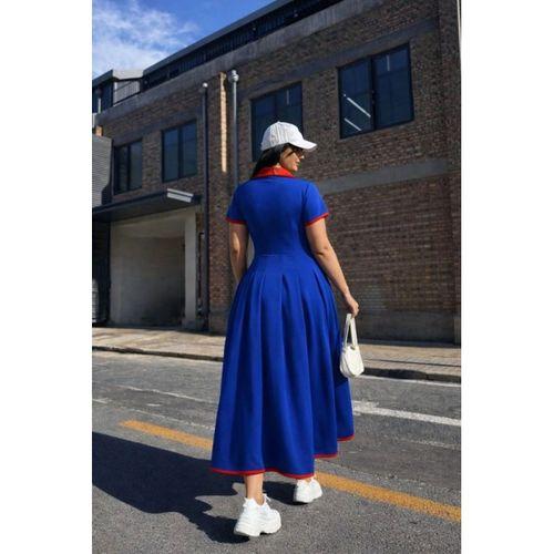 Kadın Kısa Kollu V Yakalı Pileli Uzun Janjan Krep Elbise