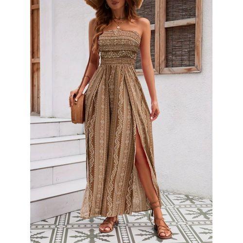 Kadın Yakası Gipe Detaylı önden Yırtmaç Detaylı Desenli Süprem Pantolun Etek Tulum