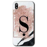 MRCİLETİSİM Huawei Y5 2019 Kılıf HD Desen Baskılı Arka Kapak + Temperli Cam - Pembe Mermer Desenli Ş Harfi