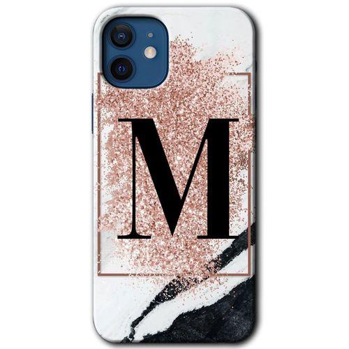 MRCİLETİSİM iPhone 12 Mini Kılıf HD Desen Baskılı Arka Kapak + Temperli Cam - Pembe Mermer Desenli M Harfi