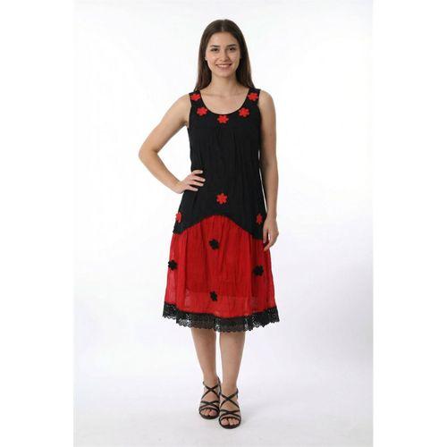 Kolsuz Papatya Yuvarlak Yaka Dantel Detaylı Yazlık Vual Kısa Elbise Siyah/Kırmızı Syh/Krmz