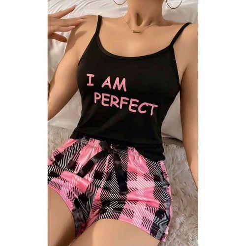 Kadın Siyah Kare Desenli Askılı Şortlu Pijama Takımı Rahat Şık 2’li Set