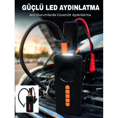 Dijital Lastik Şişirme Kompresörü Akü Takviye Powerbank Led Aydınlatmalı Acil Durum Cihazı