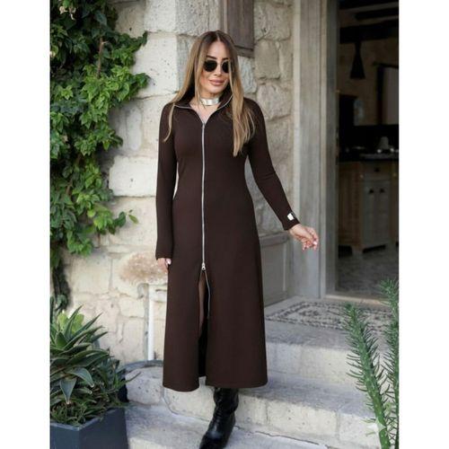 Kadın Uzun Kollu önden Fermuarlı Maxi Viskon Iki Iplik Elbise