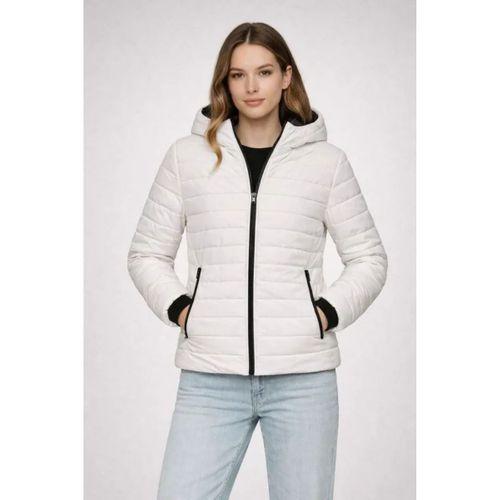 Şişme Kapüşonlu Fermuarlı Mont Su Itici Kapitone Astarlı Kumaş Cepli Kışlık Rahat Kalıp - Krem