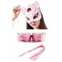 Fantezi Deri Seksi Pembe Kedi Maske Kelepçe Kırbaç Seti ( 3'lü Set)