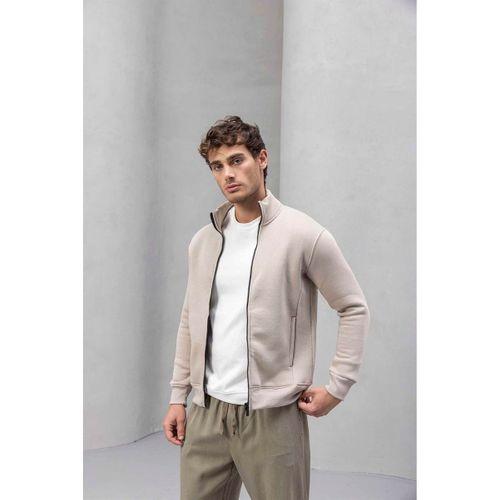 Marcel Regular Fit Fermuarlı Kıstırma Cepli Üç İp Şardonlu Erkek Sweatshirt - Taş