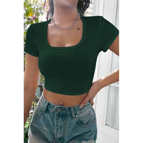 Kadın Yeşil Şık Kesim Yarım Kol Crop Bluz