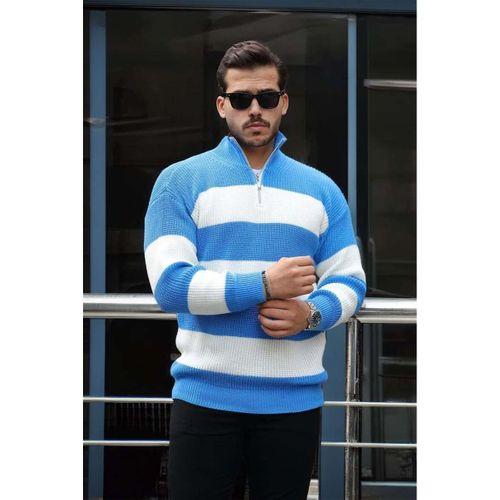 Oversize Çizgili Selanik Örgülü Yarım Fermuar Triko Erkek Kazak - Mavi