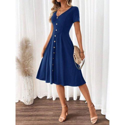Kadın Kısa Kollu V Yakalı önden Düğmeli A Kesim Dokuma Elbise