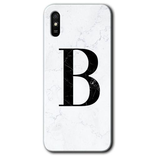 Xiaomi Redmi 9A HD Baskılı Kılıf + 9D Tam Ekran Koruyucu - Beyaz Mermer Desenli B Harfi
