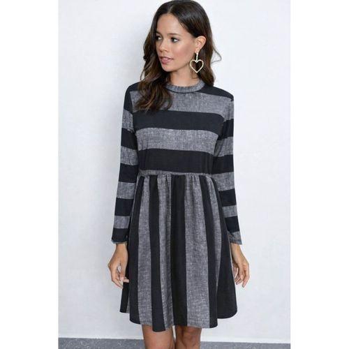 Kadın Uzun Kollu Bisiklet Yaka çizgili Desen Detaylı Süprem Mini Elbise