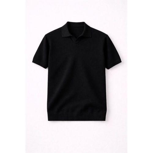 Dawson Polo V Yaka Düğmesiz Kısa Kollu İnce Triko Erkek T-Shirt - Siyah