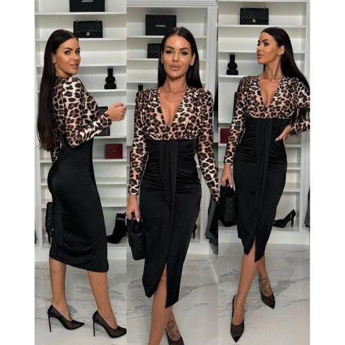 Kadın Dijital Baskılı Full Likralı Kristal örme Kumaş Drape Detaylı Yırtmaç Dekolteli Midi Boy Elbise