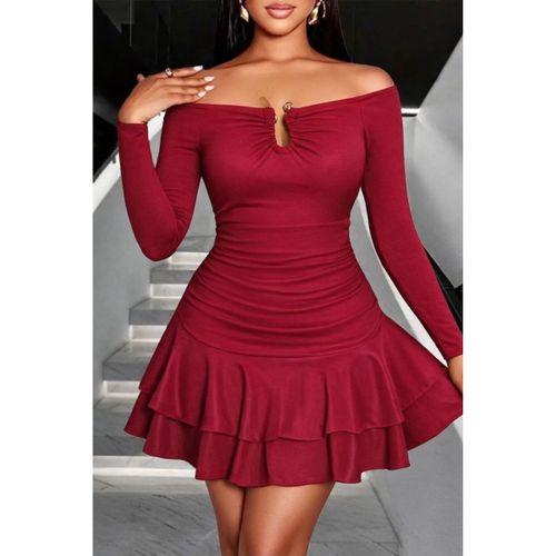 Kadın Omuzlardan Açık Belden Saran Büzgülü Etek Ucu Volanlı Dalgıç Mini Elbise