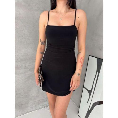 Askılı Şifon Mini Elbise Drapeli Bel Vücuda Oturan Yazlık Şık - Siyah