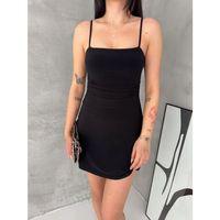 Askılı Şifon Mini Elbise Drapeli Bel Vücuda Oturan Yazlık Şık - Siyah