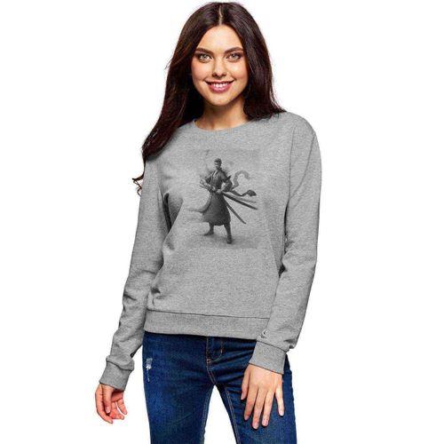 Anime One Piece Flame Baskılı Gri Kadın Sweatshirt