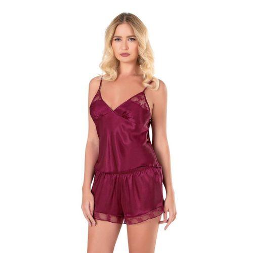 Bordo Saten Babydoll Şort Takımı