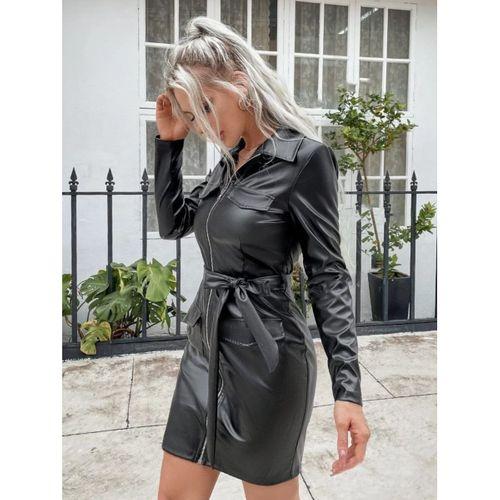 Kadın Uzun Kollu Yakalı Cepli önü Fermuarlı Mini Deri Elbise