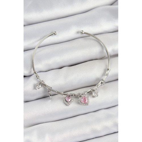 Pirinç Zirkon Taşlı Pembe Kalp Model Gümüş Renk Charm Bileklik