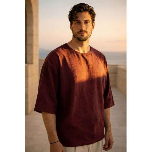 Castiel Bisiklet Yaka Fakir Kol Oversize Kısa Kol T-shirt - Bordo